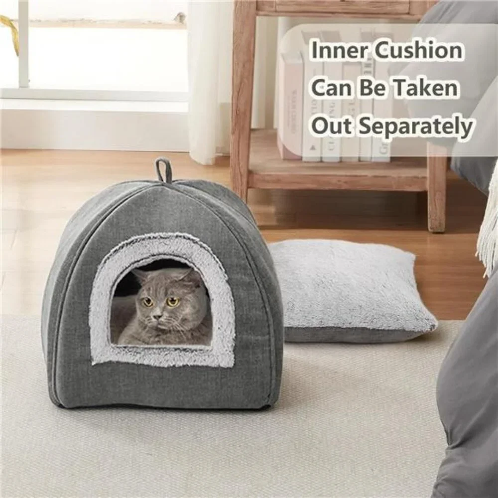Cat Bed Cave Indoor Cat Tent Small Pets Soft Warm Foldable Washable Grey 15 Inch